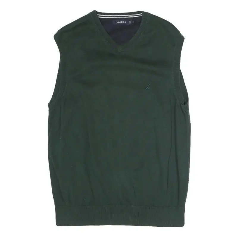 Nautica Mens Green Plain Pullover Jumper V-Neck Basic Knit M Cotton Blend 1