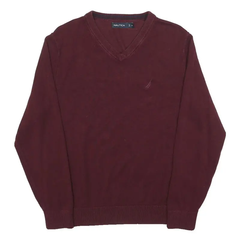 Nautica Mens Maroon Plain Pullover V-Neck Basic Knit M Cotton Blend Jumper 1