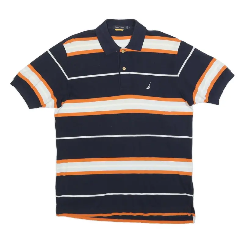 Nautica Mens Navy Blue & Orange Striped Short Sleeve Polo Shirt S Cotton Blend 1