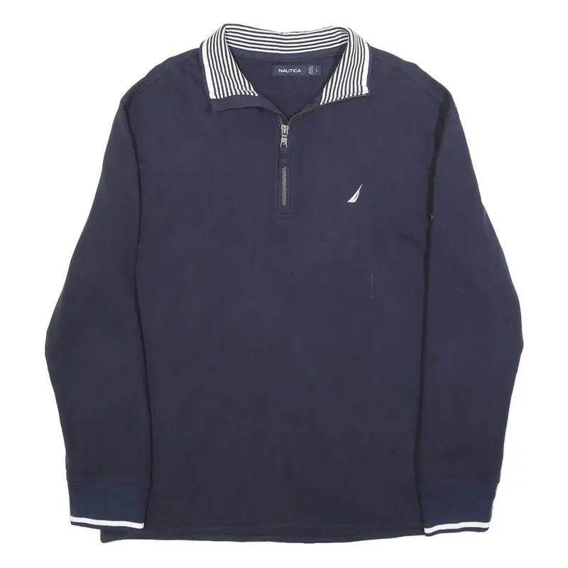 Nautica Mens Navy & White 1/4 Zip Collar L Sweatshirt Cotton Blend Casual 1