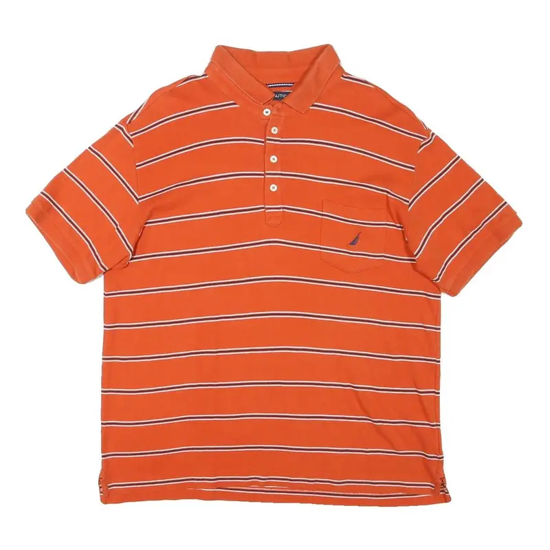 Nautica Mens Orange Striped Short Sleeve Polo Shirt L Cotton Blend Casual 1