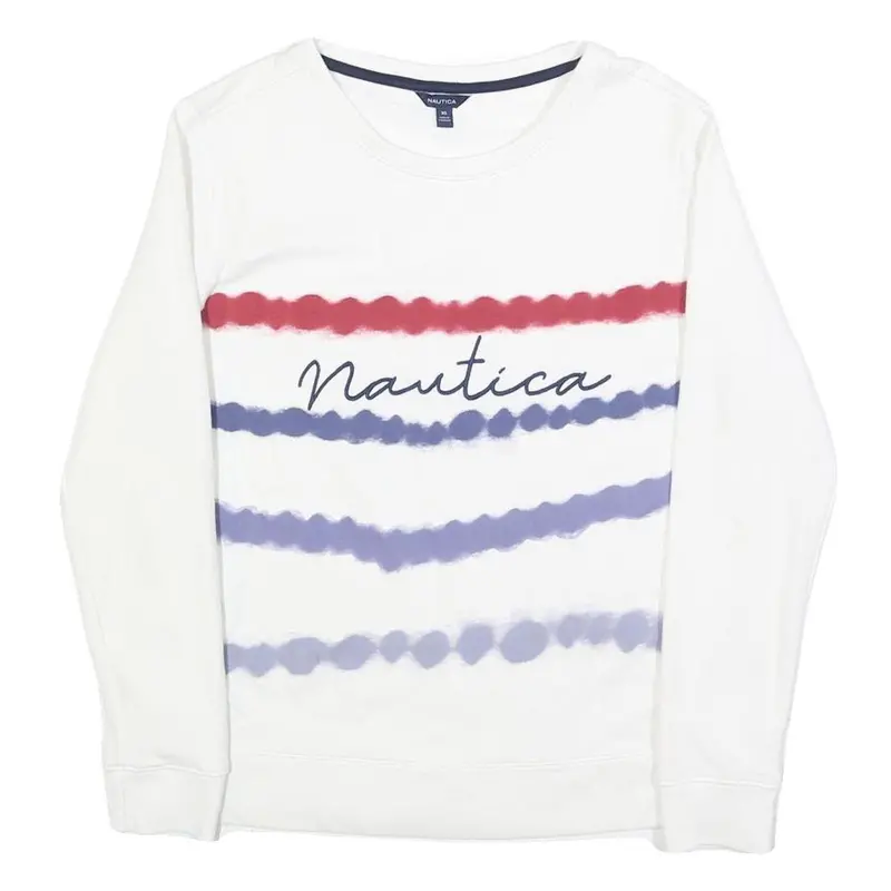 Nautica Womens White Crew Neck Xs Cotton Blend Pullover Sweatshirt Red Blue 1