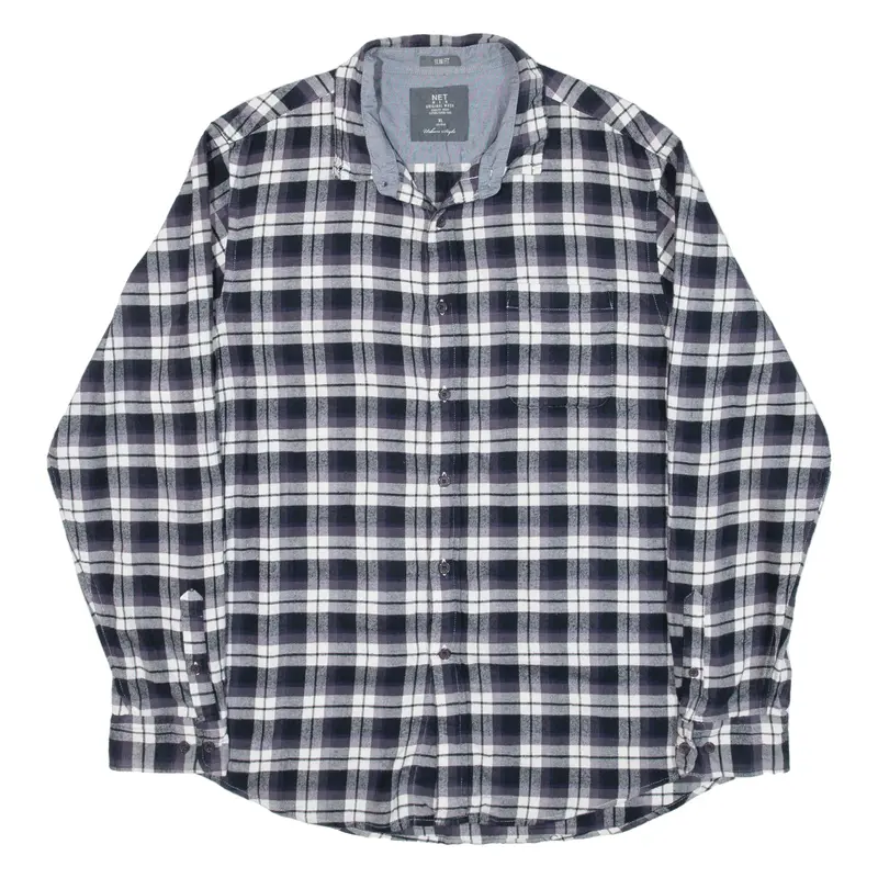 Net Slim Fit Mens Flannel Shirt Grey Check Long Sleeve Xl 1