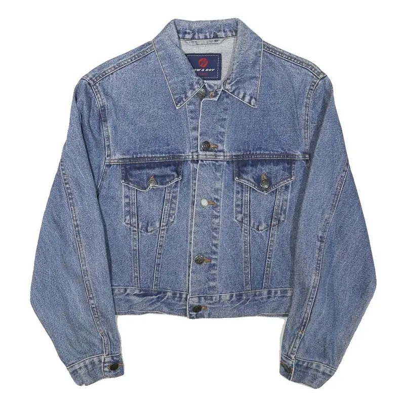New & Boy Womens Blue Denim Cotton Blend Button Jacket S Plain Casual Crop 1