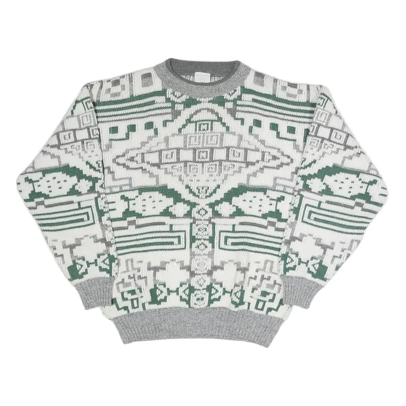 New Fast Mens Grey & White Patterned Cotton Blend Jumper M Crew Neck Chunky Knit 1