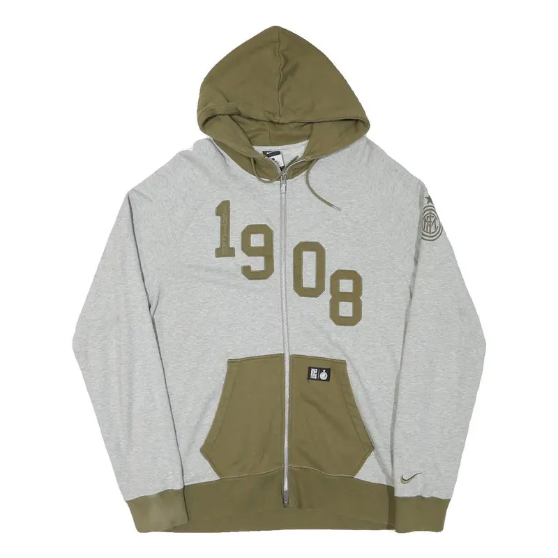 Nike Mens Grey & Olive Zip Up Hoodie L 1908 Applique Drawstring 1