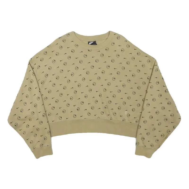 Nike Womens Beige Cotton Blend Crew Neck M Logo Print Cropped Sweatshirt 1