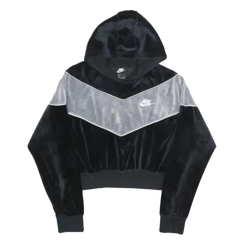 Nike Womens Black & Grey Velvet Cropped Hoodie M Stylish Casual Sweatshirt 1