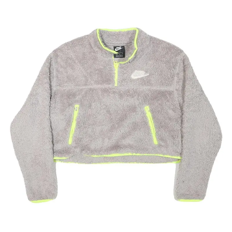 Nike Womens Grey & Neon Yellow Fleece Zip Jacket M Polyester Blend Cropped 1