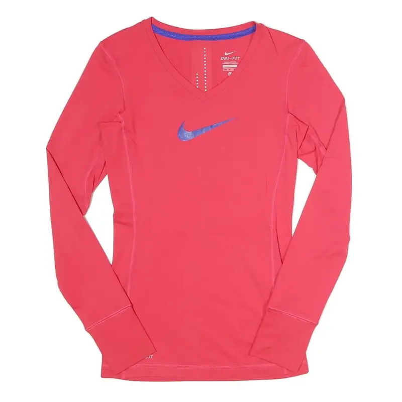 Nike Womens Red Long Sleeve V-Neck Dri-Fit Xs Athletic Performance Top 1