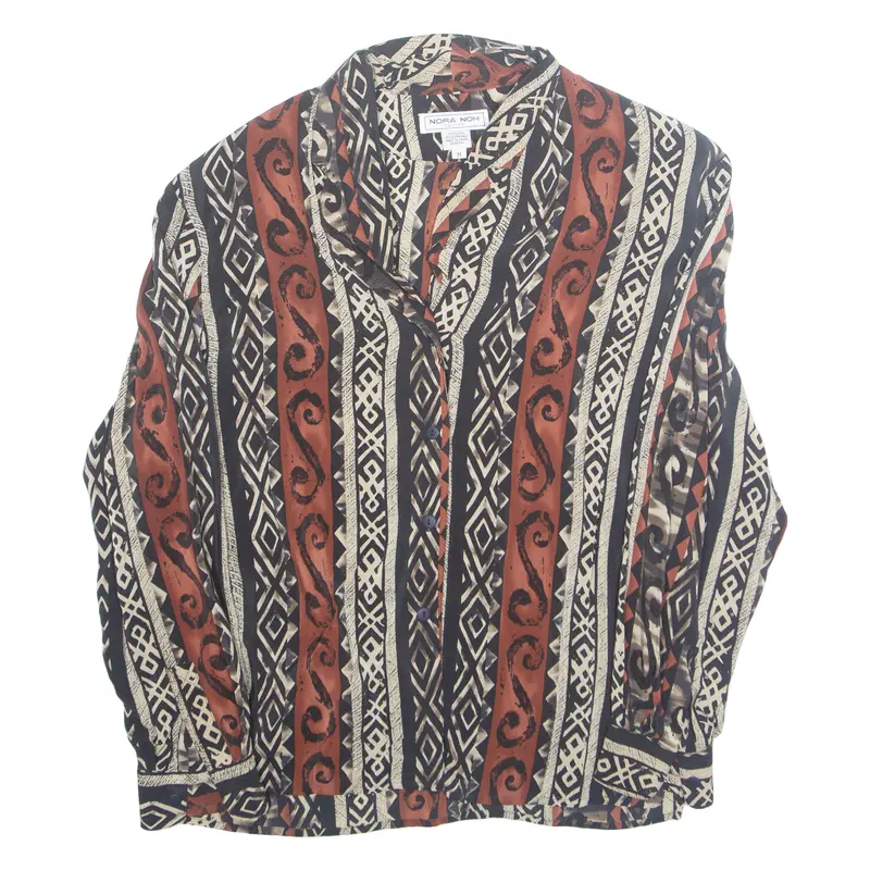 Nora Noh Petite Womens Printed Shirt Black Collared Faux Silk Crazy Pattern M 1