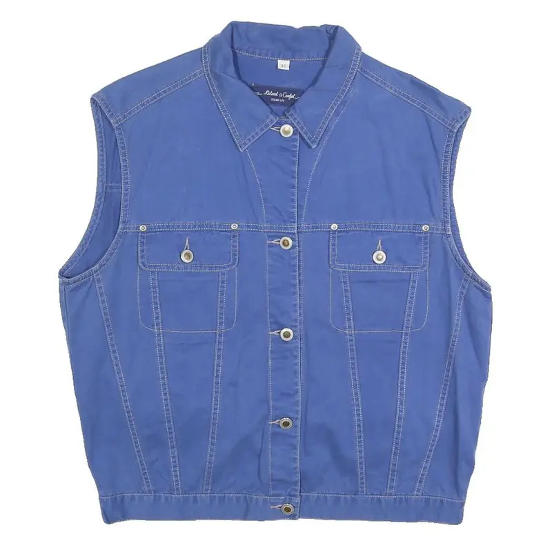 Ocean Life Womens Blue Cotton Button Jacket L Sleeveless Pocketed Outerwear 1