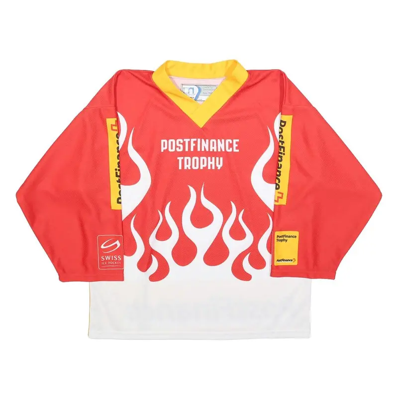 Ochsner Hockey Boys Red & Yellow Postfinance Trophy Long Sleeve V-Neck Jersey L 1