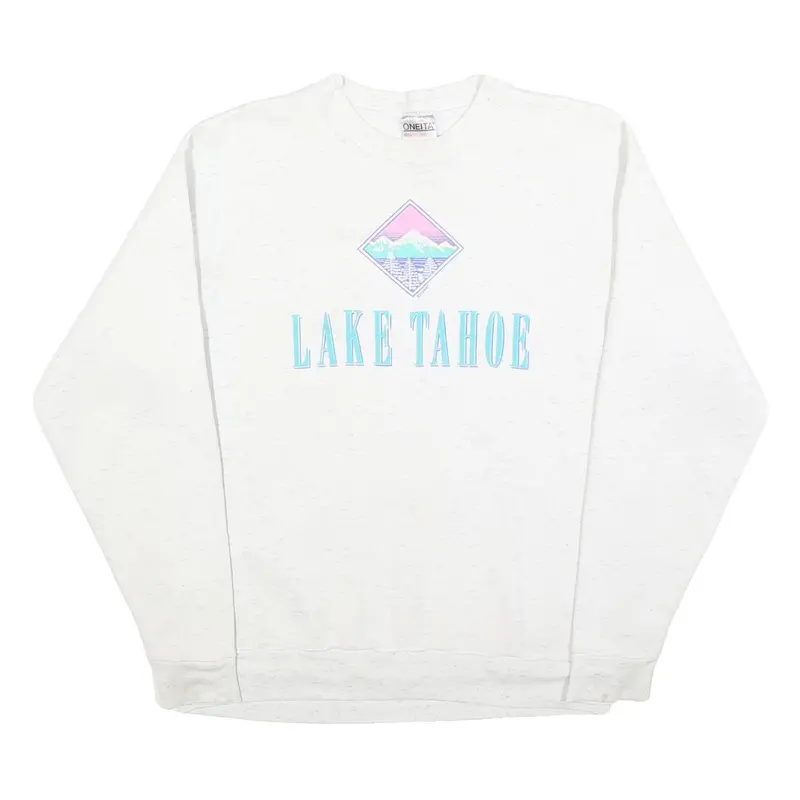 Oneita Womens White Lake Tahoe Crew Neck Xl Cotton Sweatshirt Vintage Pullover 1