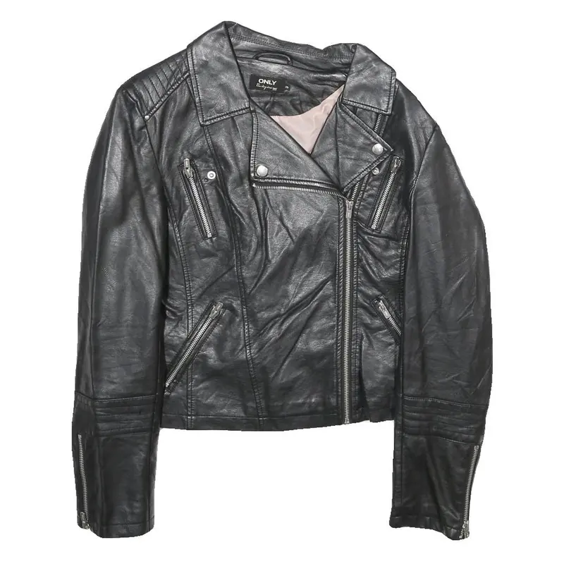 Only Womens Black Faux Leather Biker Jacket Uk 10 Zip Classic Stylish Zip 1