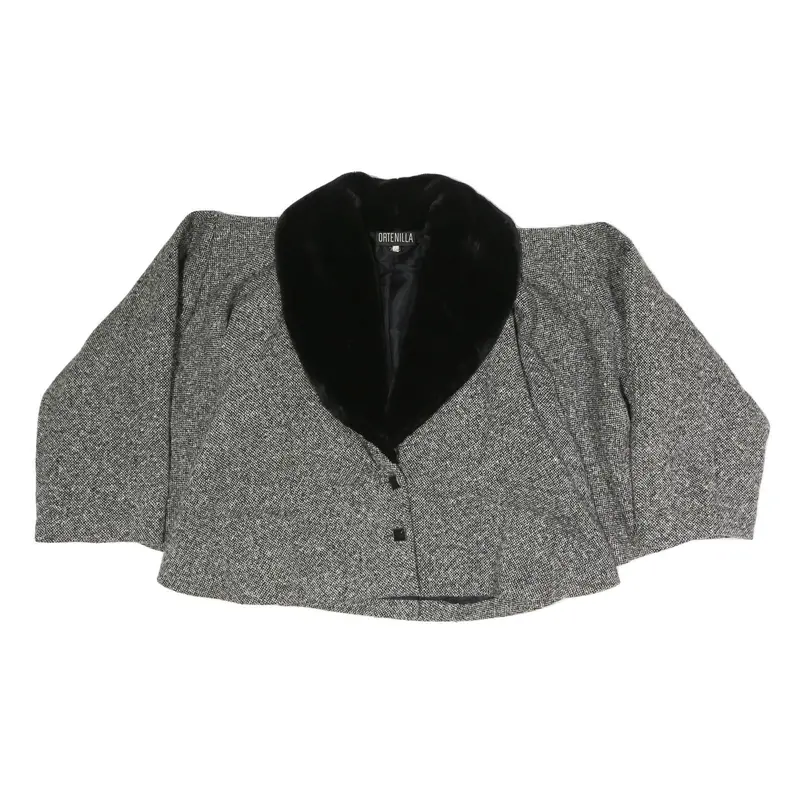 Ortenilla Womens Grey Black Jacket L Cotton Blend Tweed Button Closure Fur 1