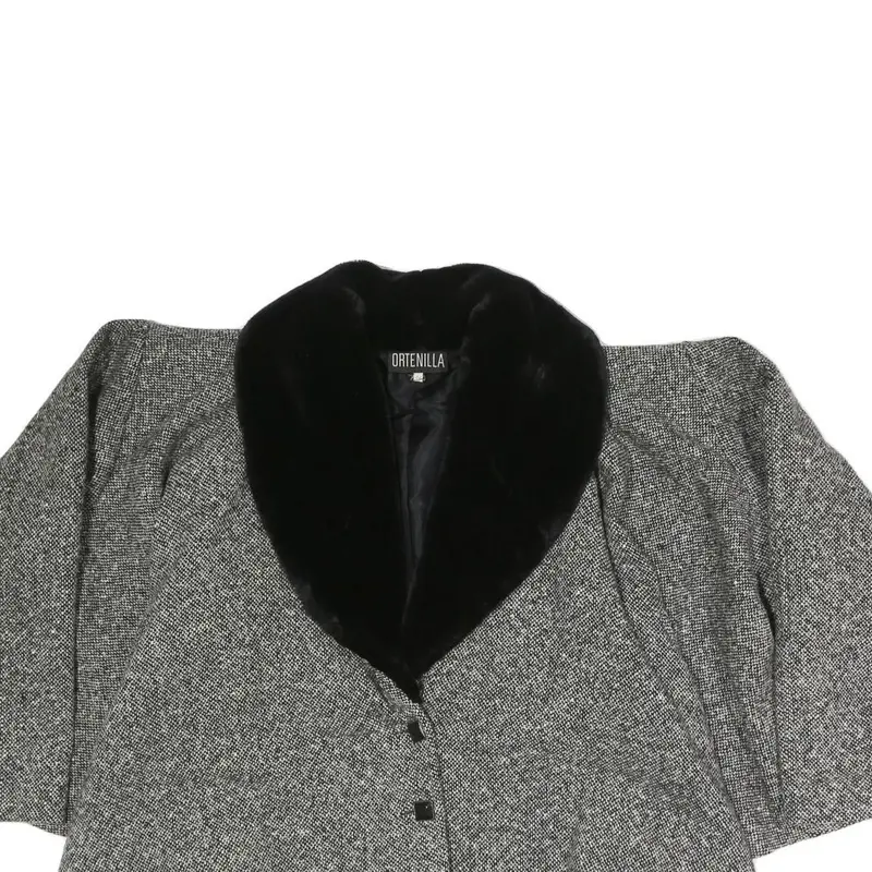 Ortenilla Womens Grey Black Jacket L Cotton Blend Tweed Button Closure Fur 2