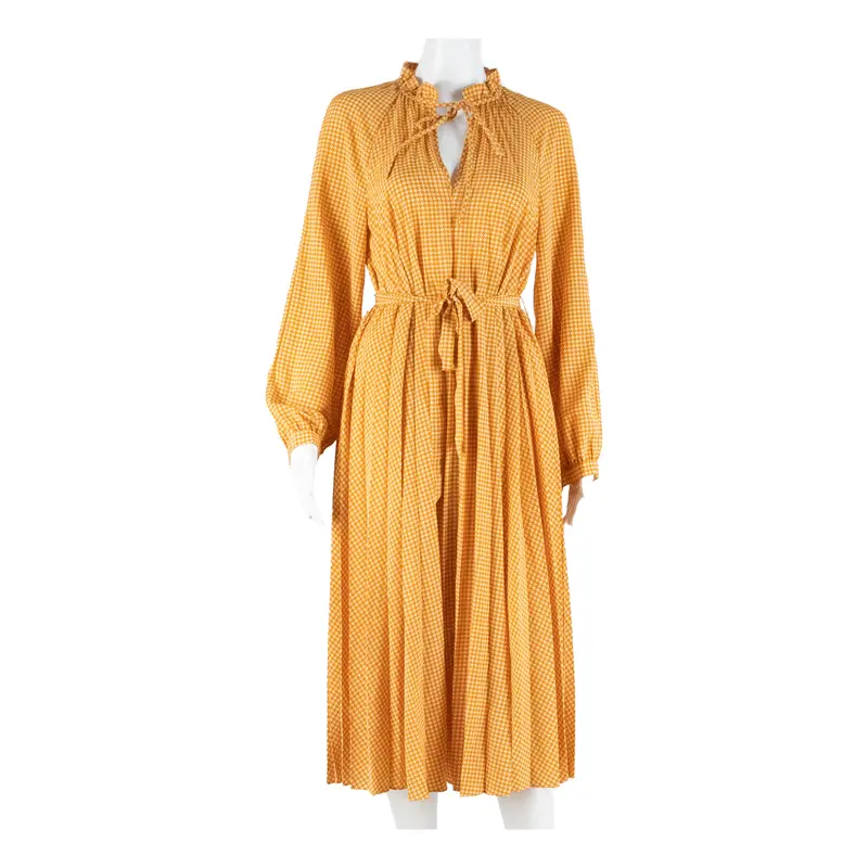 & Other Stories Womens Day Dress Orange Houndstooth Long Sleeve Midi S 1