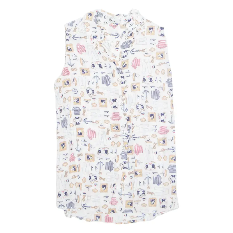Oui Sport Womens Printed Shirt White Collared Sleeveless Viscose Crazy Pattern M 1