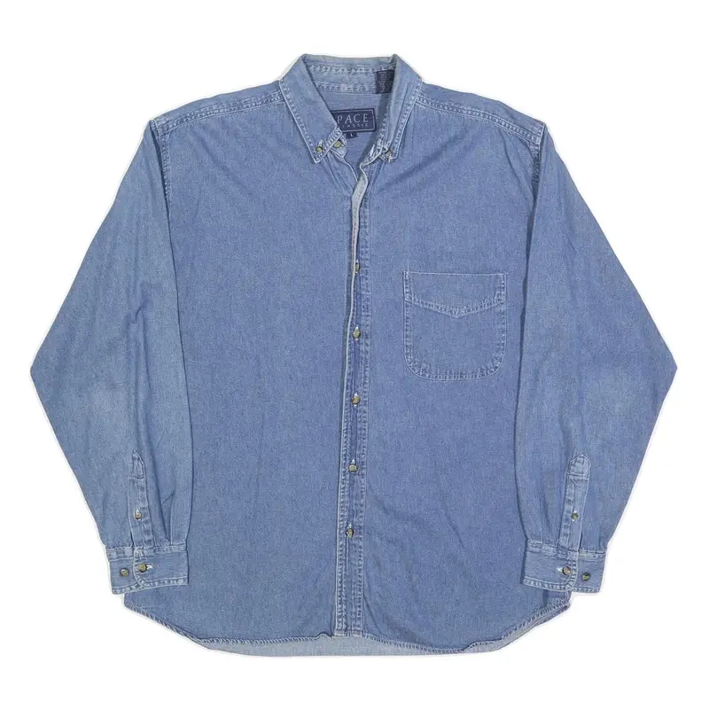 Pace Mens Blue Denim Shirt L Cotton Classic Button Down Long Sleeve Casual 1