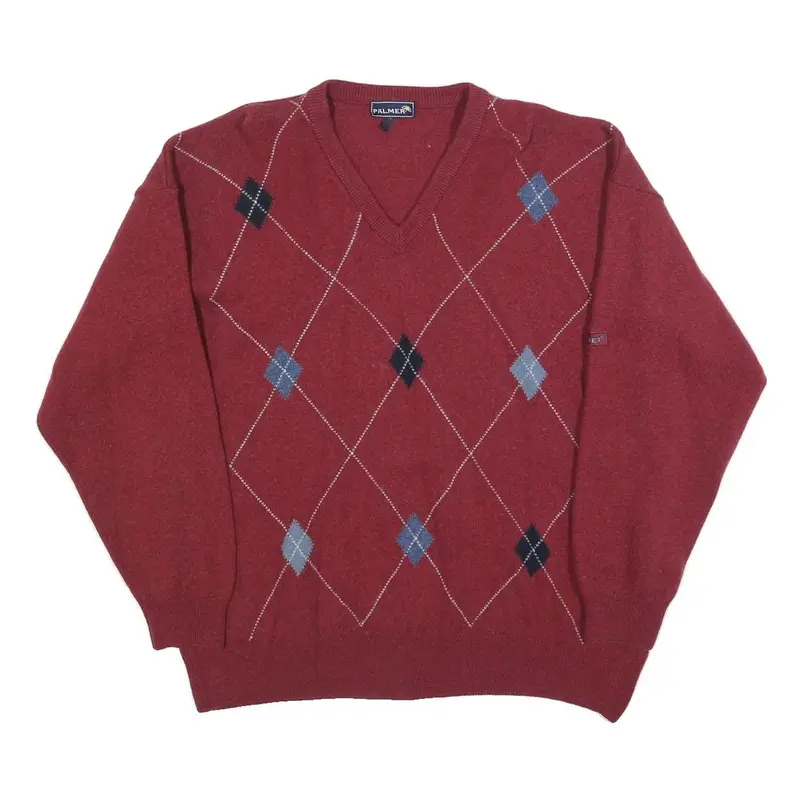 Palmer Mens Red Patterned Jumper V-Neck Basic Knit Wool Xl Classic Pullover 1