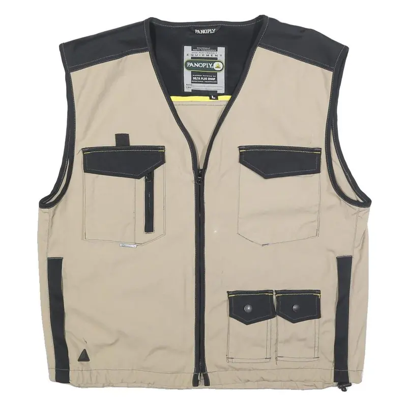 Panoply Mens Beige & Black Cotton Blend Zip Jacket L Casual Utility Vest 1