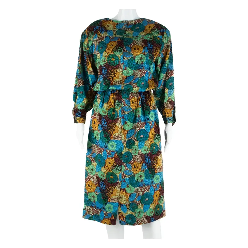 Parigi Womens Pencil Dress Green Silk Crazy Pattern Long Sleeve Midi Uk 12 1