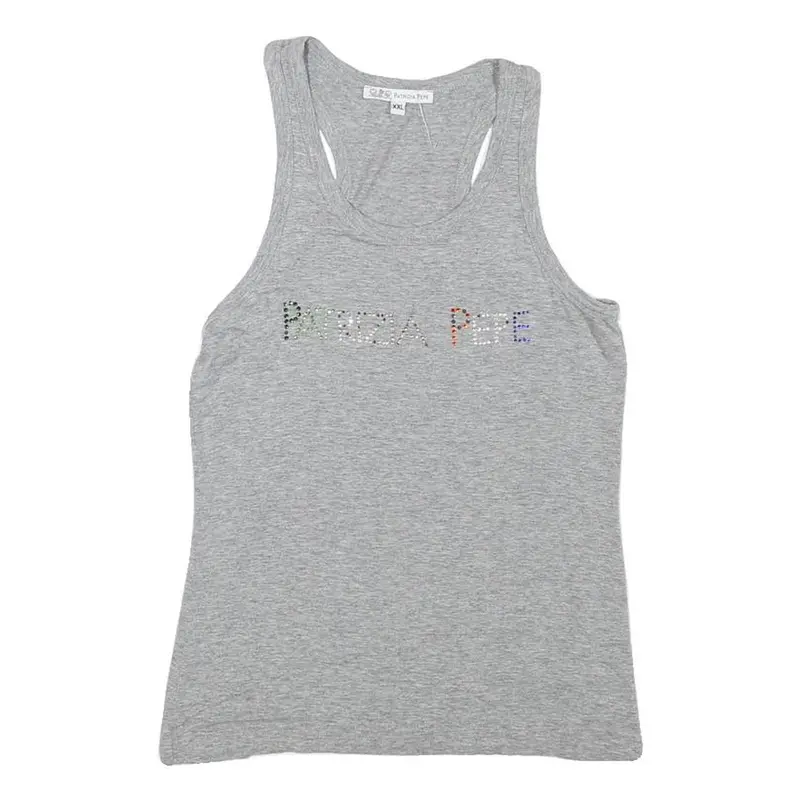 Patrizia Pepe Womens Grey Racer Back Sleeveless Top Xs Cotton Blend Logo Crystal 1