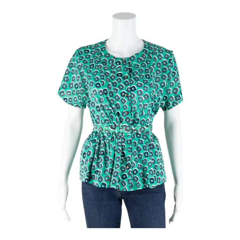 Paul Mauser Peplum Womens Printed Blouse Green 90S Crazy Pattern M 1
