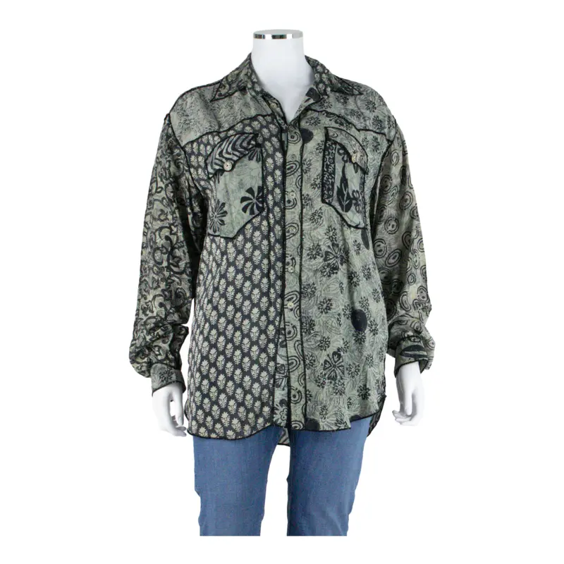 Paul Ropp Womens Printed Blouse Grey Long Sleeve Faux Silk Crazy Pattern Xl 1