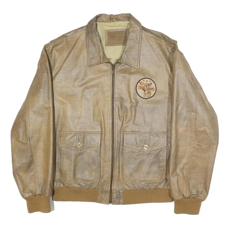 Pepe Jeans Mens Beige Leather Bomber Jacket L Plain Zip Pocket Stylish 1