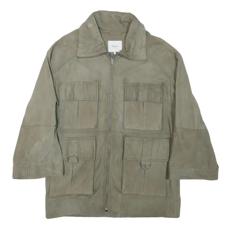 Pepe Jeans Mens Grey Leather Utility Jacket L Suede Four Pocket Zip Closure 1