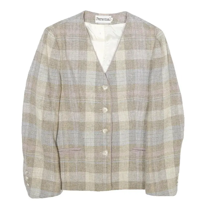 Personal Womens Beige & Cream Wool Blend Check Jacket Uk 8 Button Closure 1