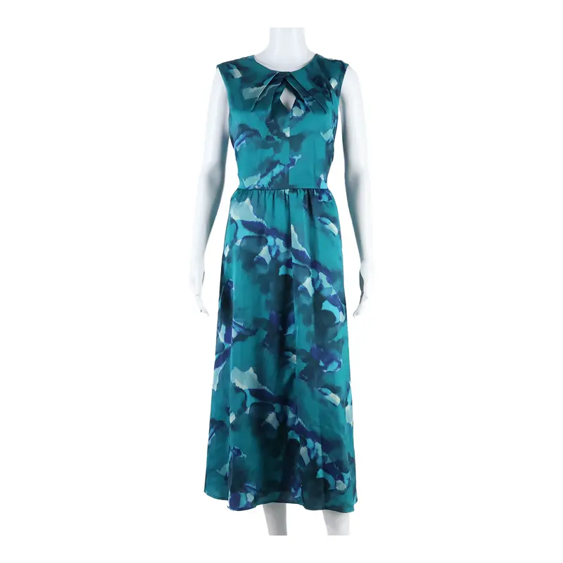 Phase Eight Belted Womens A-Line Dress Green Crazy Pattern Sleeveless Long Uk 14 1