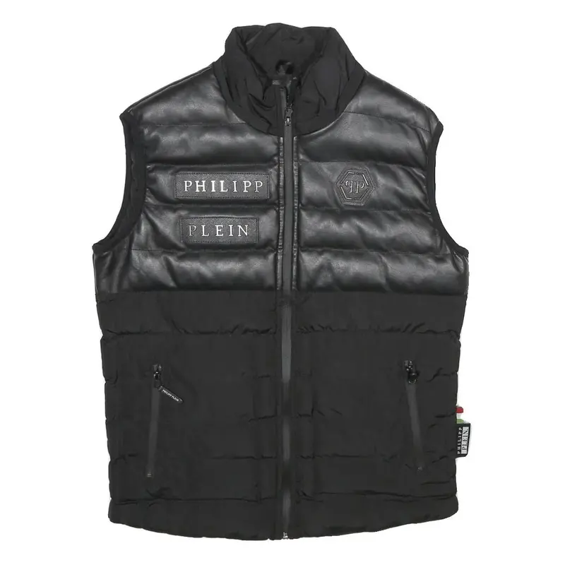 Philipp Plein Mens Black Leather & Cotton Quilted Gilet M Jacket Zip Sleeveless 1