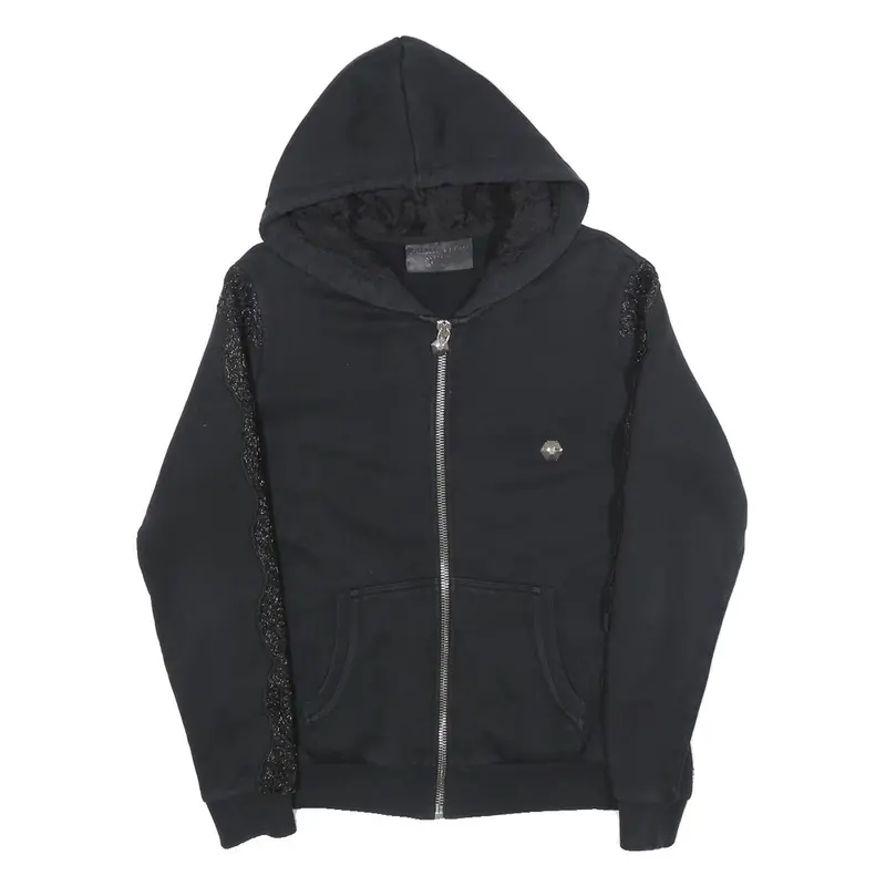 Philipp Plein Womens Black Cotton Blend Zip Up Hoodie M Skull Graphic Lace Trim 1