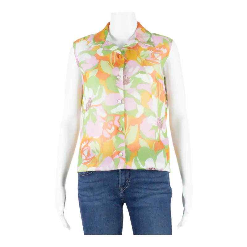 Pierbe Womens Vests Shirt Green V-Neck Sleeveless Floral S 1