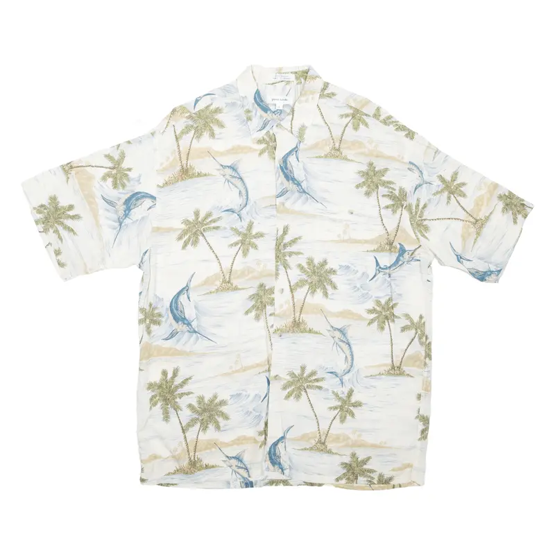 Pierre Cardin Beach Palm Trees Mens Shirt Cream Crazy Pattern L 1