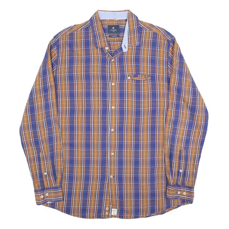 Pierre Cardin Mens Blue & Brown Check Shirt Xl Modern Fit Casual Long Sleeve 1