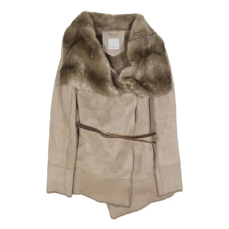 Pinko Womens Beige Faux Fur Collar Draped Jacket Uk 8 Polyester Button Closure 1