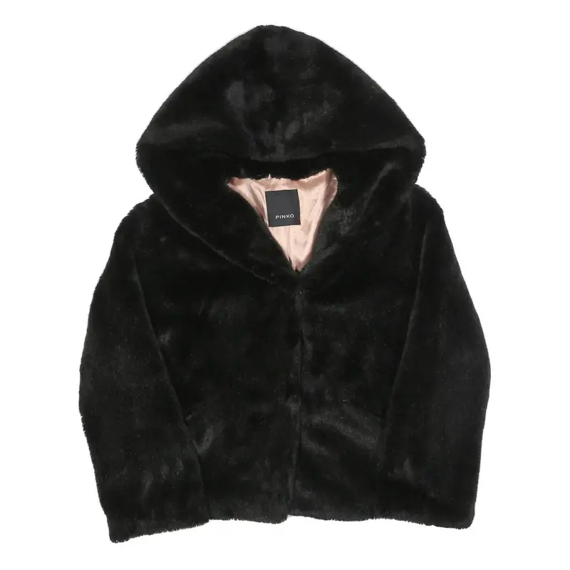 Pinko Womens Black Faux Fur Hoodie Jacket M Polyester Button Closure Soft Touch 1