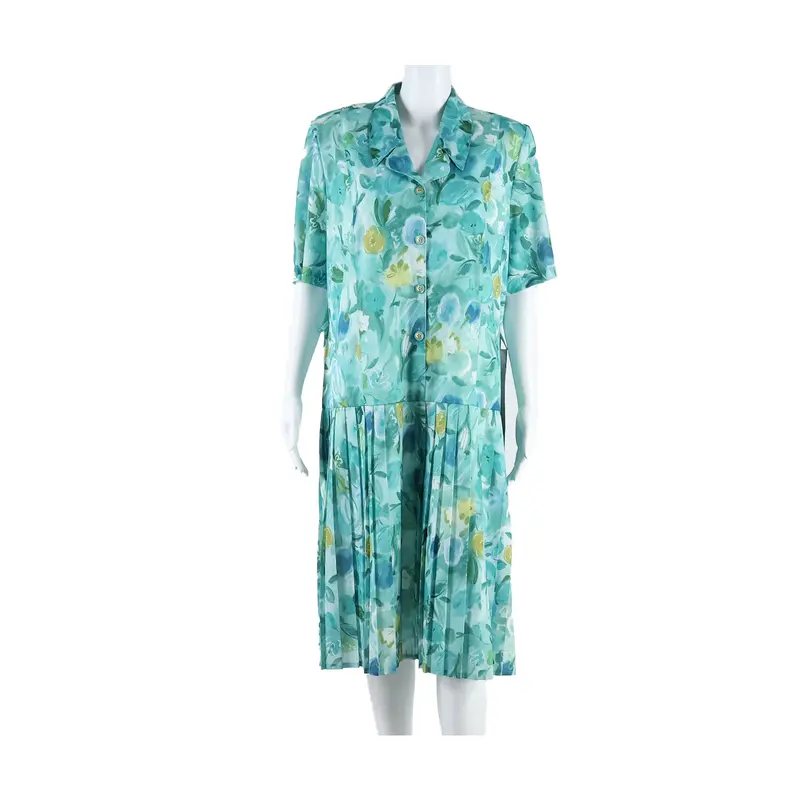 Pleated Lined Womens Shift Dress Green Floral Short Sleeve Long Xl 1