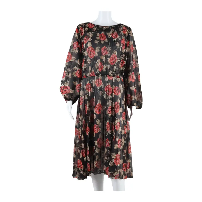Pleated Womens A-Line Dress Black Floral Long Sleeve Long S 1