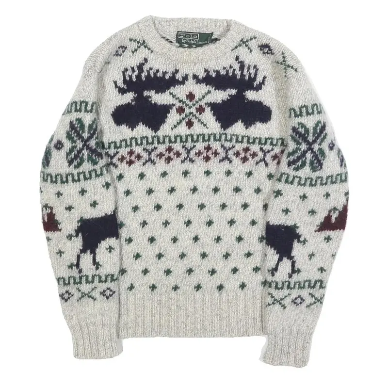 Polo Ralph Lauren Boys Cream Patterned Wool Jumper Crew Neck Cable Knit M Winter 1