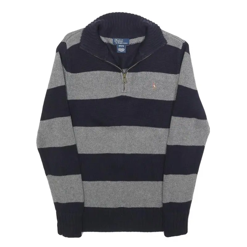 Polo Ralph Lauren Boys Navy & Grey Striped Pattern Jumper Half Zip Crew Neck 1