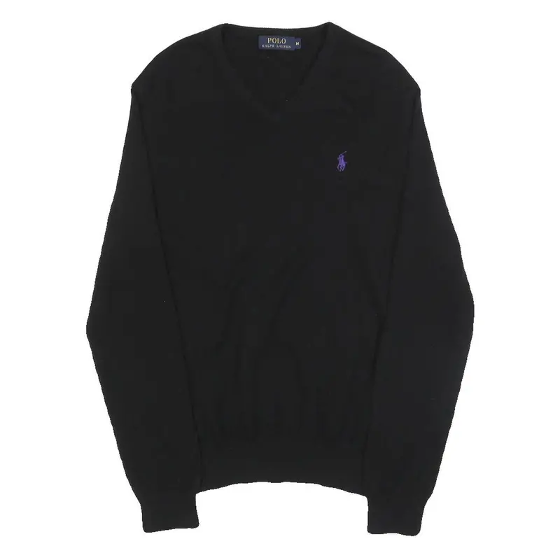 Polo Ralph Lauren Mens Black Plain Wool V Neck Basic Knit M Jumper Classic 1