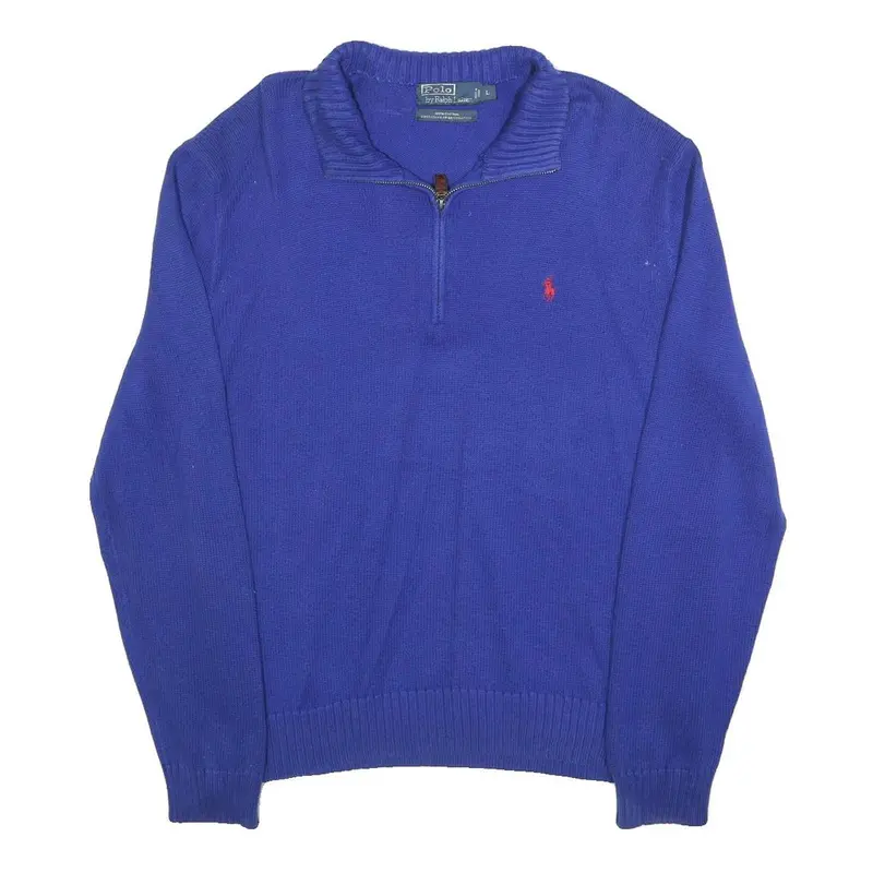 Polo Ralph Lauren Mens Blue Jumper Plain 1/4 Zip Crew Neck Cotton L Stylish 1