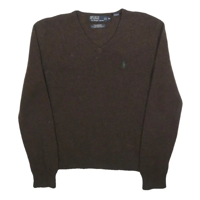 Polo Ralph Lauren Mens Brown Wool Plain V-Neck Basic Knit Jumper M Classic 1