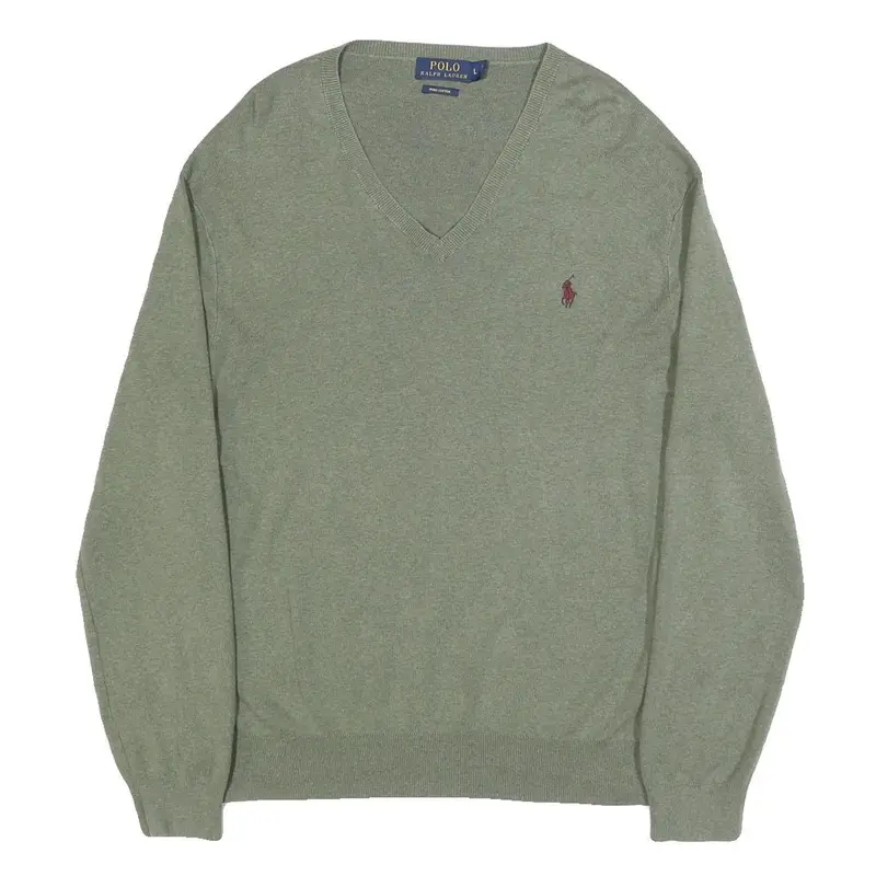 Polo Ralph Lauren Mens Green Cotton Patterned V-Neck Basic Knit L Jumper 1