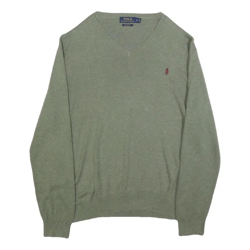 Polo Ralph Lauren Mens Green Jumper Plain V-Neck Basic Knit L Cotton Classic 1